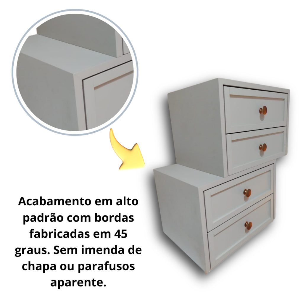 Mesa de Cabeceira MDF OFF White com 2 Gavetas Criado-Mudo Provençal Vintage Decoração Charmosa